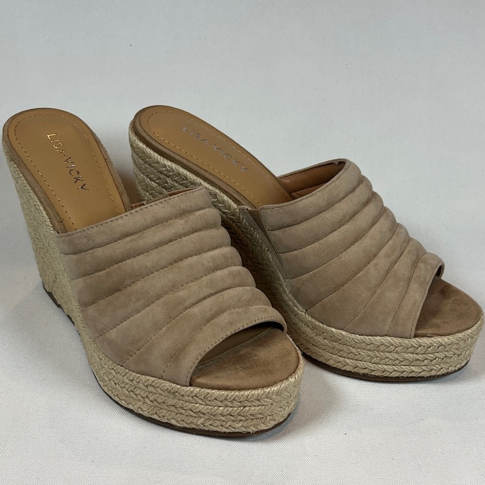 Lisa Vicky Gogo Taupe Suede Espadrille Wedge Mules Platform Slide Sandal NIB